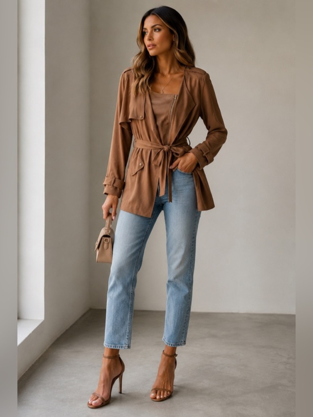 NWT ASTR Lagenlook Normcore Tan Trench Coat Classic Style Timeless Size Large